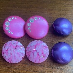 Vintage 50s button style clip Pink and Purple Earrings Set of 3